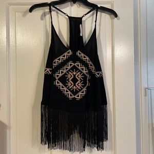 Haute Society Women’s Black Fringe Embroidered Aztec Tank Top Large L
